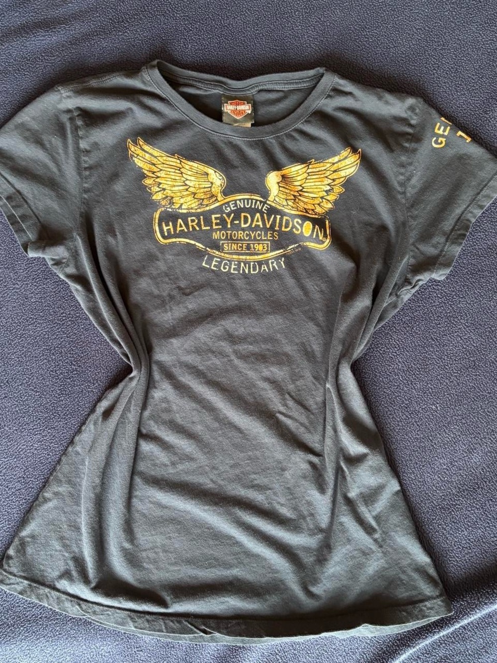 Feminine Gold & Black Harley Davidson Graphic Short Sleeve Tee